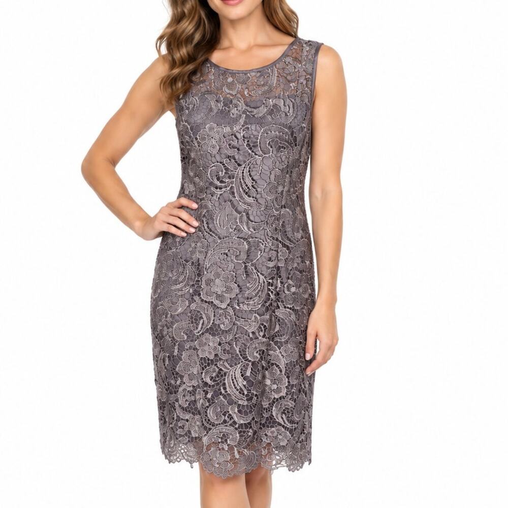 Adrianna Papell Gray Lace Evening Sheath Dress Size 10 Floral Keyhole